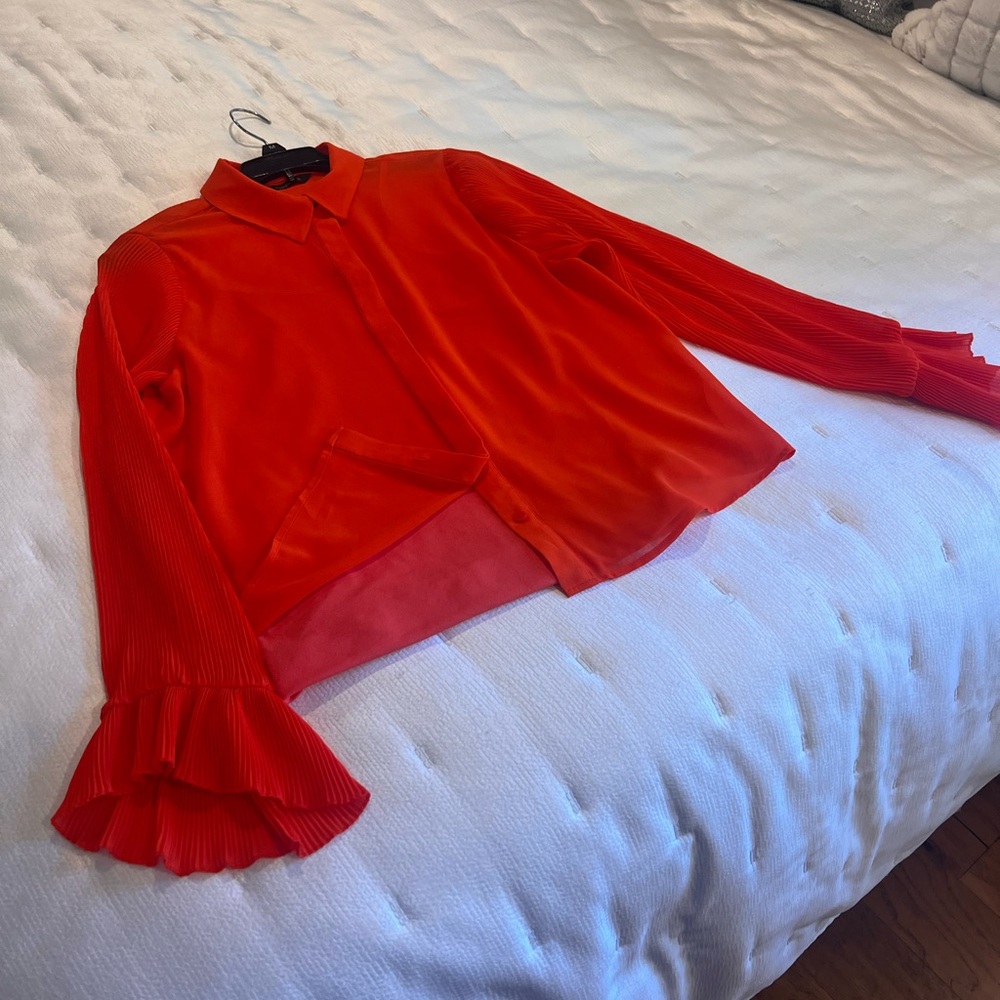Zara Romantic Pleated Sleeved Coral Top, With Camisole - Picture 4 of 8